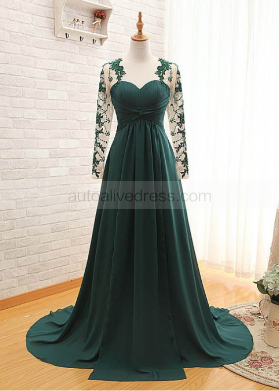 Dark Green Chiffon Lace Long Sleeves Evening Dress